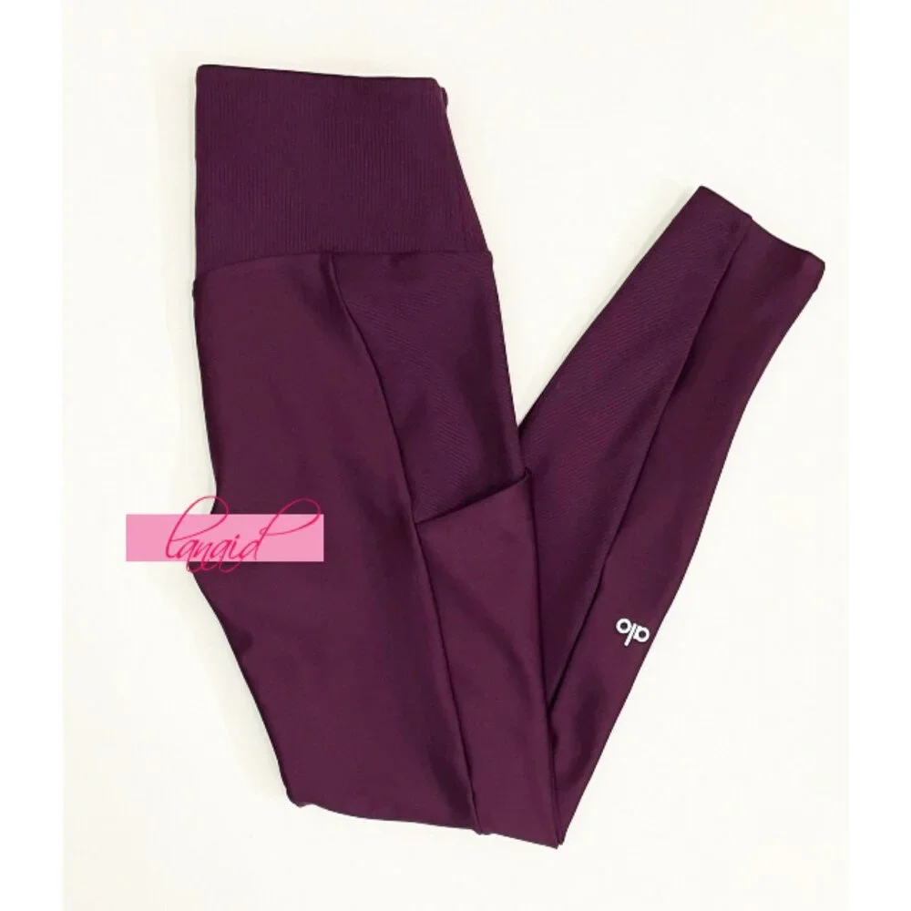 Alo Ribbed Airlift High-Waist 7/8 Enchanted Leggings Dark Plum Purple Hi-Rise S
